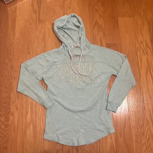 VICTORIA'S SECRET PINK BLUE SLOUCHY PULLOVER OPEN BACK TUNIC SWEATER HOODIE XS - Picture 1 of 5